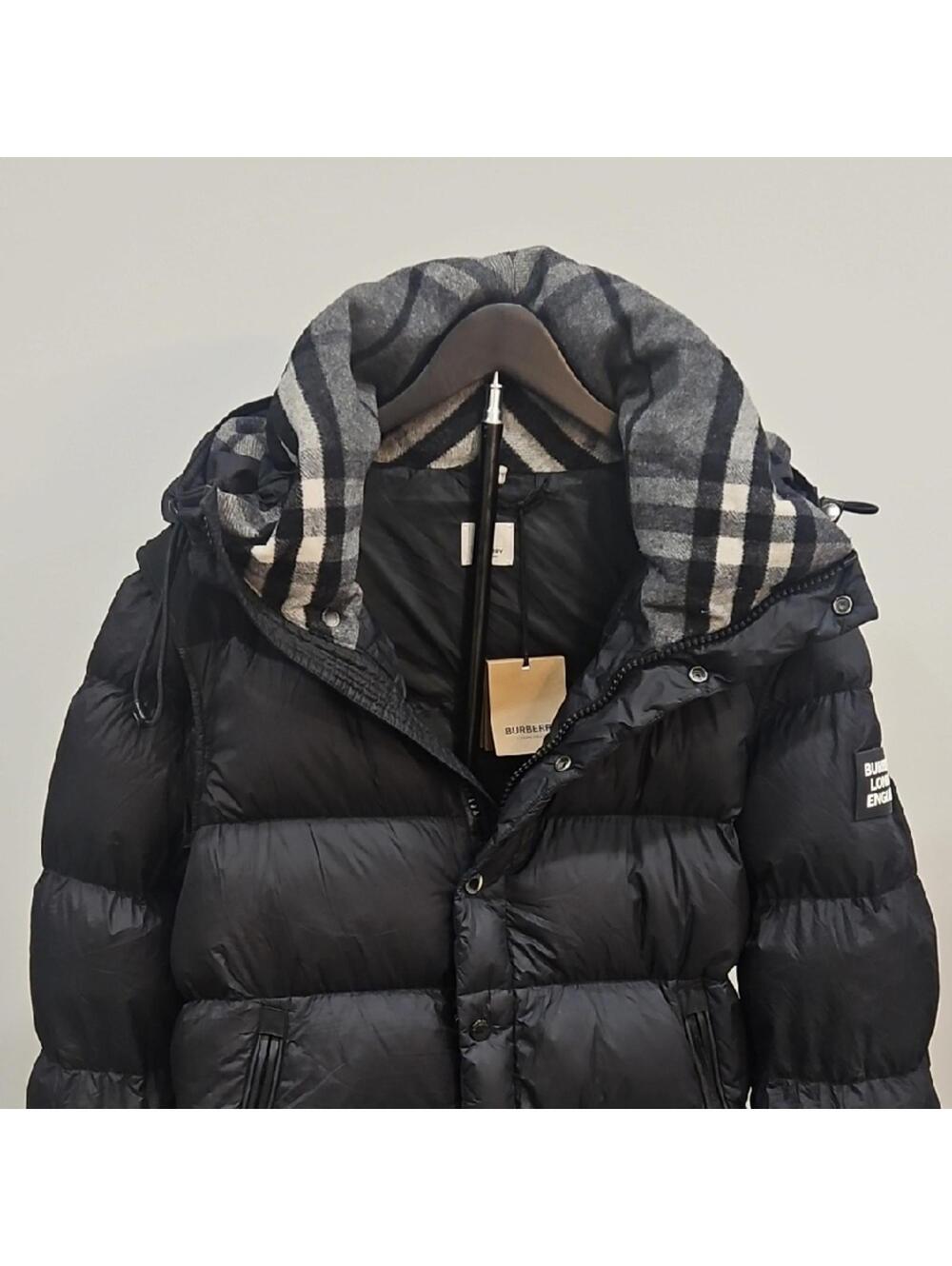 Authentic Burberry Black Puffer Jacket with Check-Trim Hood